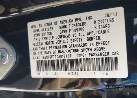 2012 Honda Accord 2.4 Ex z USA, uszkodzony, nr VIN 1HGCP2F73CA016105